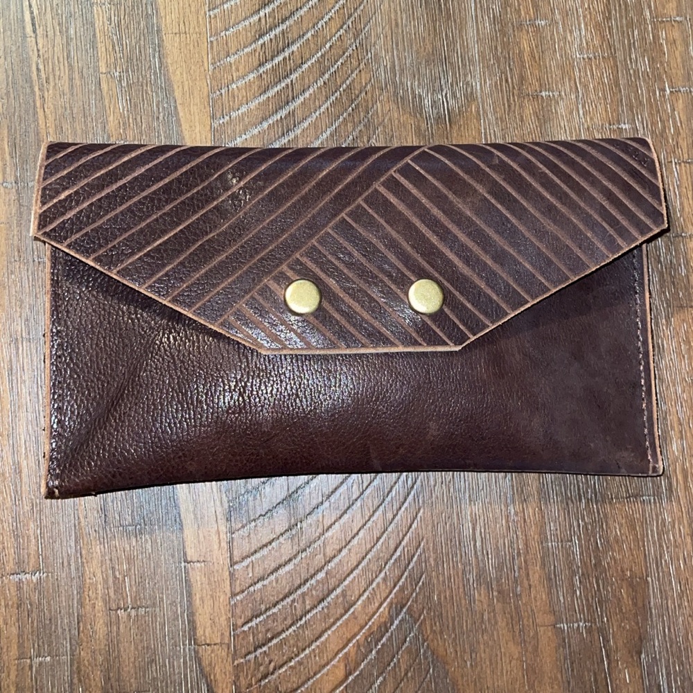 Brown Leather Clutch with Gold Accents